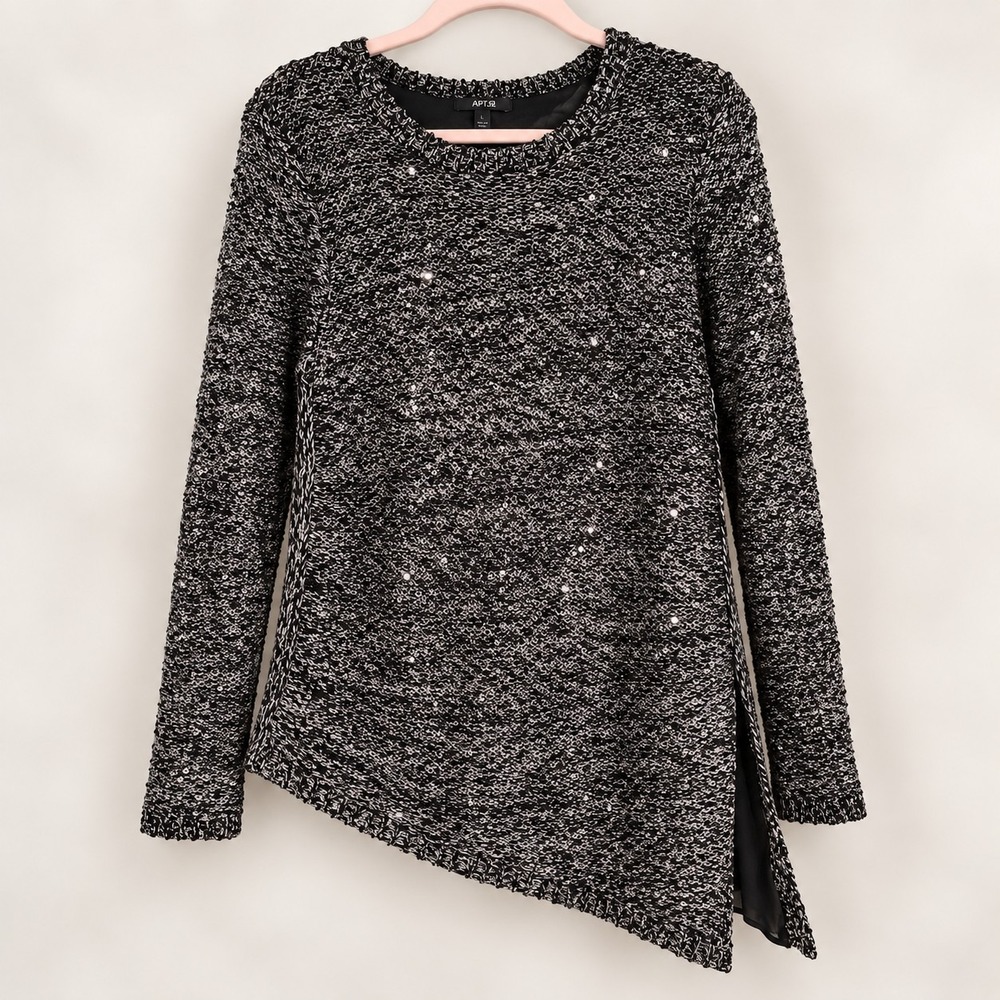 Black Silver Metallic Sequin Sweater L Asymmetric Tunic Holiday Party Glam Top